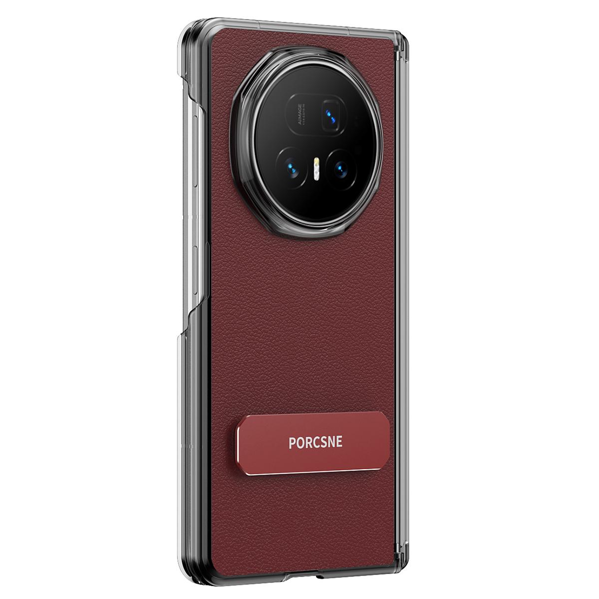 For Honor Magic V6 Vegan Leather Dual-Hinge 270 Rotation Metal Holder Phone Case - Wine Red - EDA010134302E