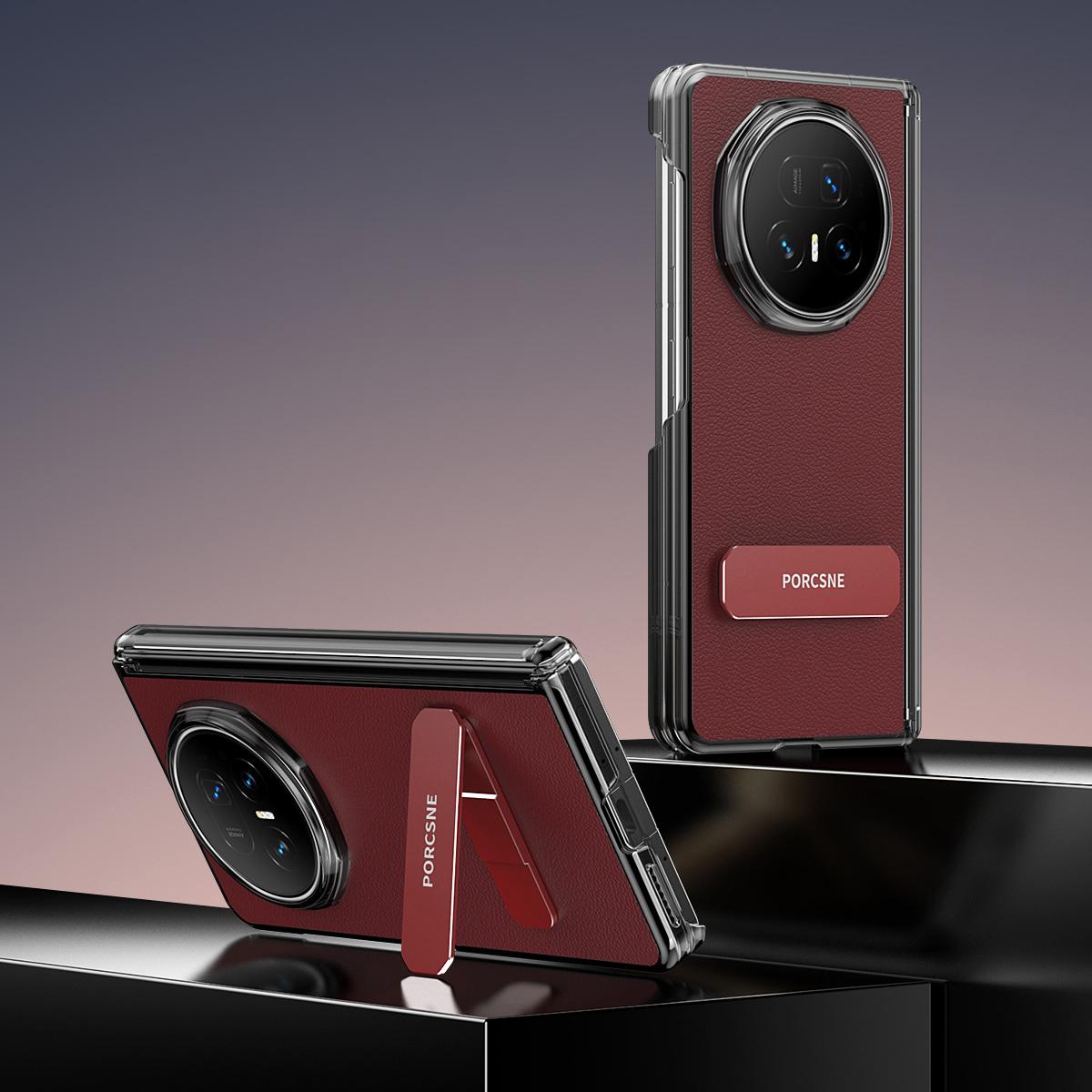 For Honor Magic V6 Vegan Leather Dual-Hinge 270 Rotation Metal Holder Phone Case - Wine Red - EDA010134302E