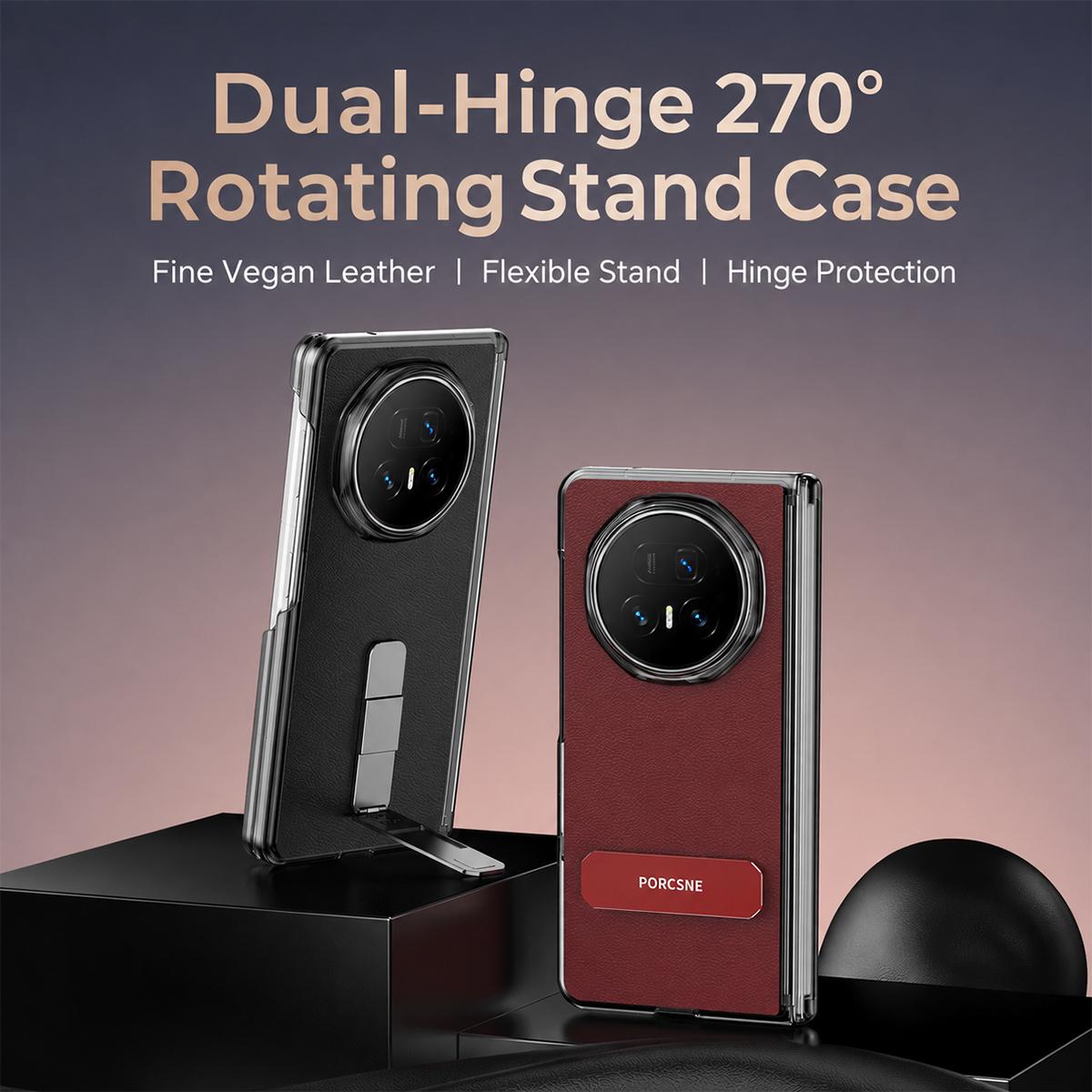 For Honor Magic V6 Vegan Leather Dual-Hinge 270 Rotation Metal Holder Phone Case - Wine Red - EDA010134302E