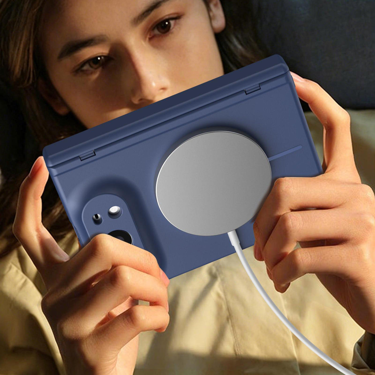 For iPhone Duo Full Cover HD Integrated Magnetic Hinge Folding Phone Case - Blue - EDA010134501B