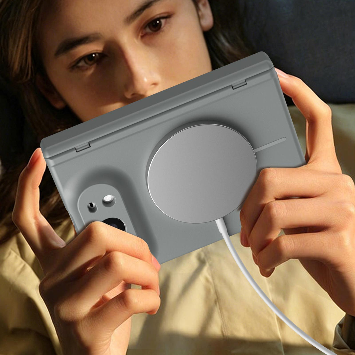 For iPhone Duo Full Cover HD Integrated Magnetic Hinge Folding Phone Case - Grey - EDA010134501D