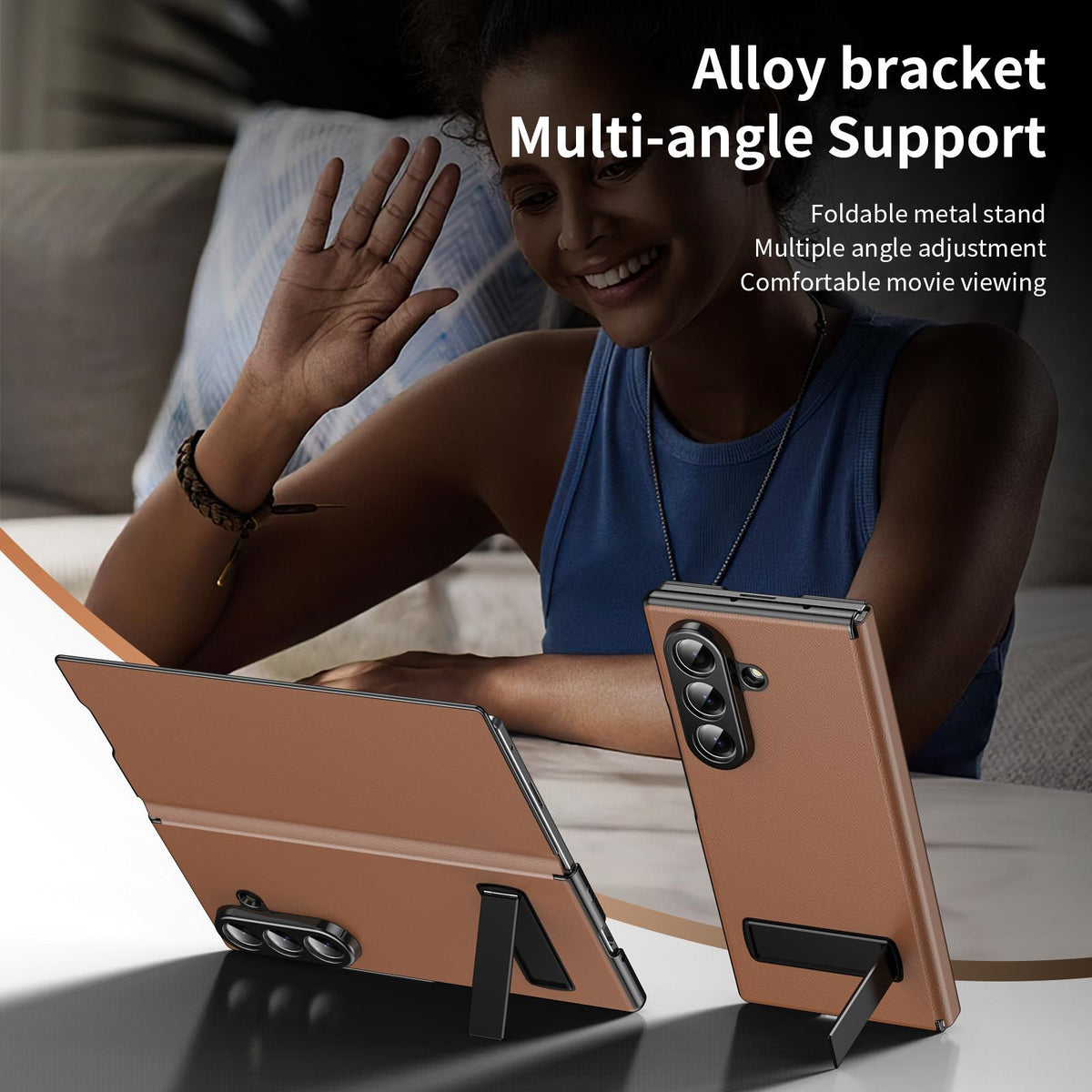 For Samsung Galaxy Z Fold7 5G Flip Cover Folding Holder Vegan Leather Protective Phone Case - Brown - EDA010136002A