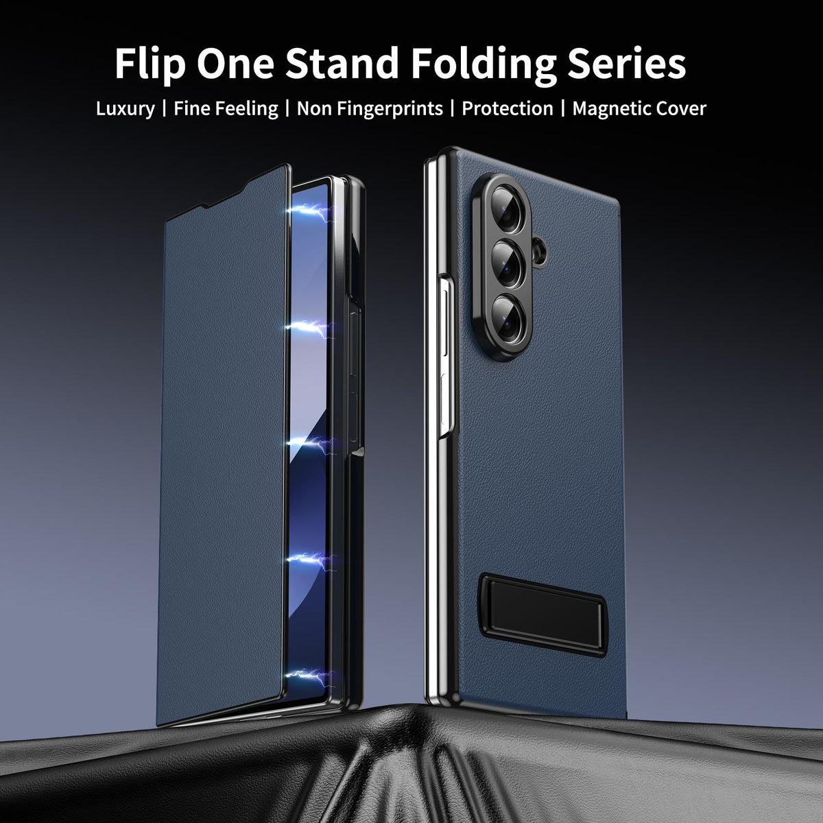 For Samsung Galaxy Z Fold7 5G Flip Cover Folding Holder Vegan Leather Protective Phone Case - Navy Blue - EDA010136002B
