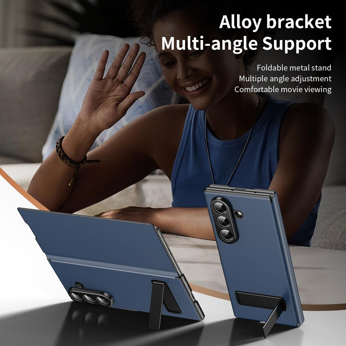 For Samsung Galaxy Z Fold7 5G Flip Cover Folding Holder Vegan Leather Protective Phone Case - Navy Blue - EDA010136002B