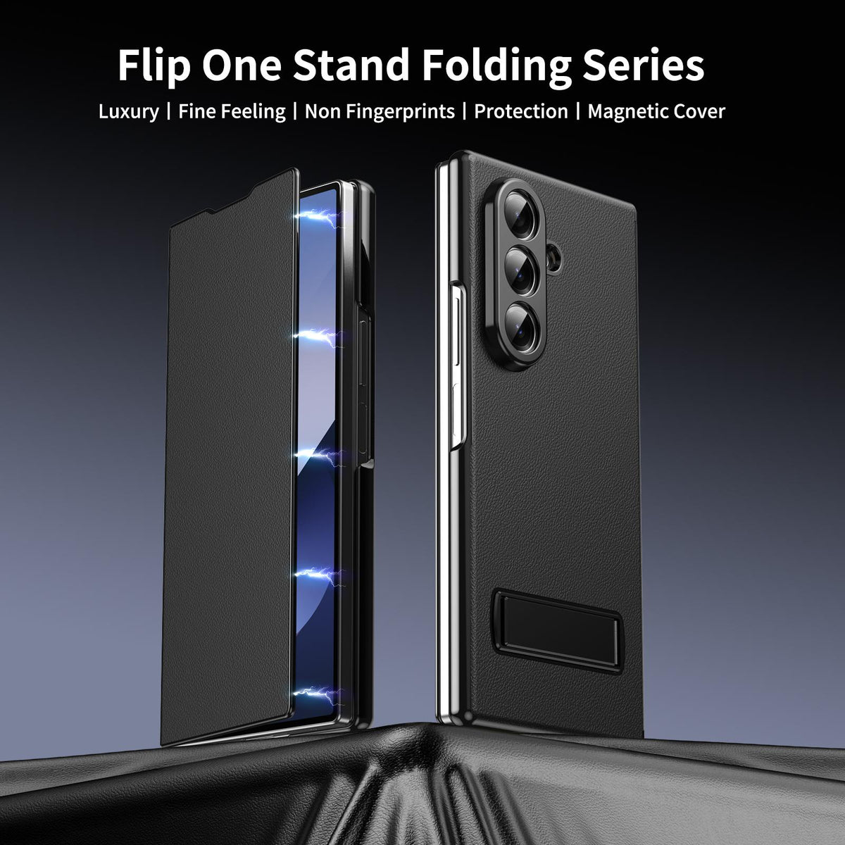 For Samsung Galaxy Z Fold7 5G Flip Cover Folding Holder Vegan Leather Protective Phone Case - Black - EDA010136002C