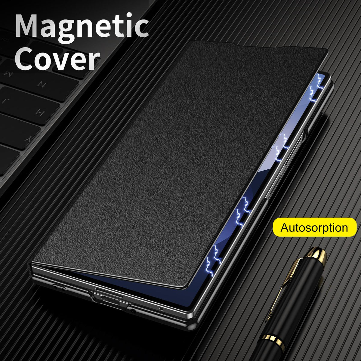 For Samsung Galaxy Z Fold7 5G Flip Cover Folding Holder Vegan Leather Protective Phone Case - Black - EDA010136002C