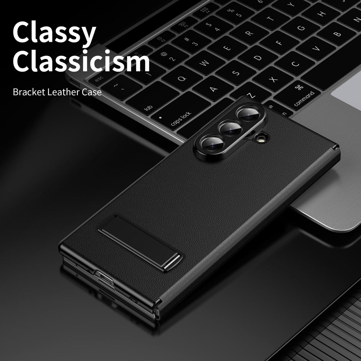 For Samsung Galaxy Z Fold7 5G Flip Cover Folding Holder Vegan Leather Protective Phone Case - Black - EDA010136002C
