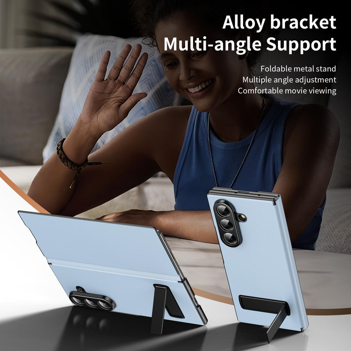 For Samsung Galaxy Z Fold7 5G Flip Cover Folding Holder Vegan Leather Protective Phone Case - Pale Blue - EDA010136002D