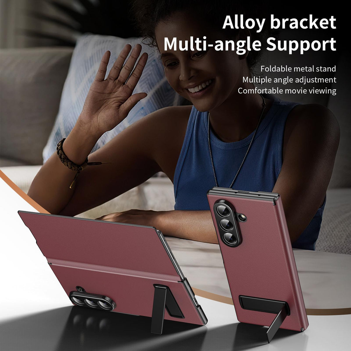For Samsung Galaxy Z Fold7 5G Flip Cover Folding Holder Vegan Leather Protective Phone Case - Burgundy - EDA010136002F