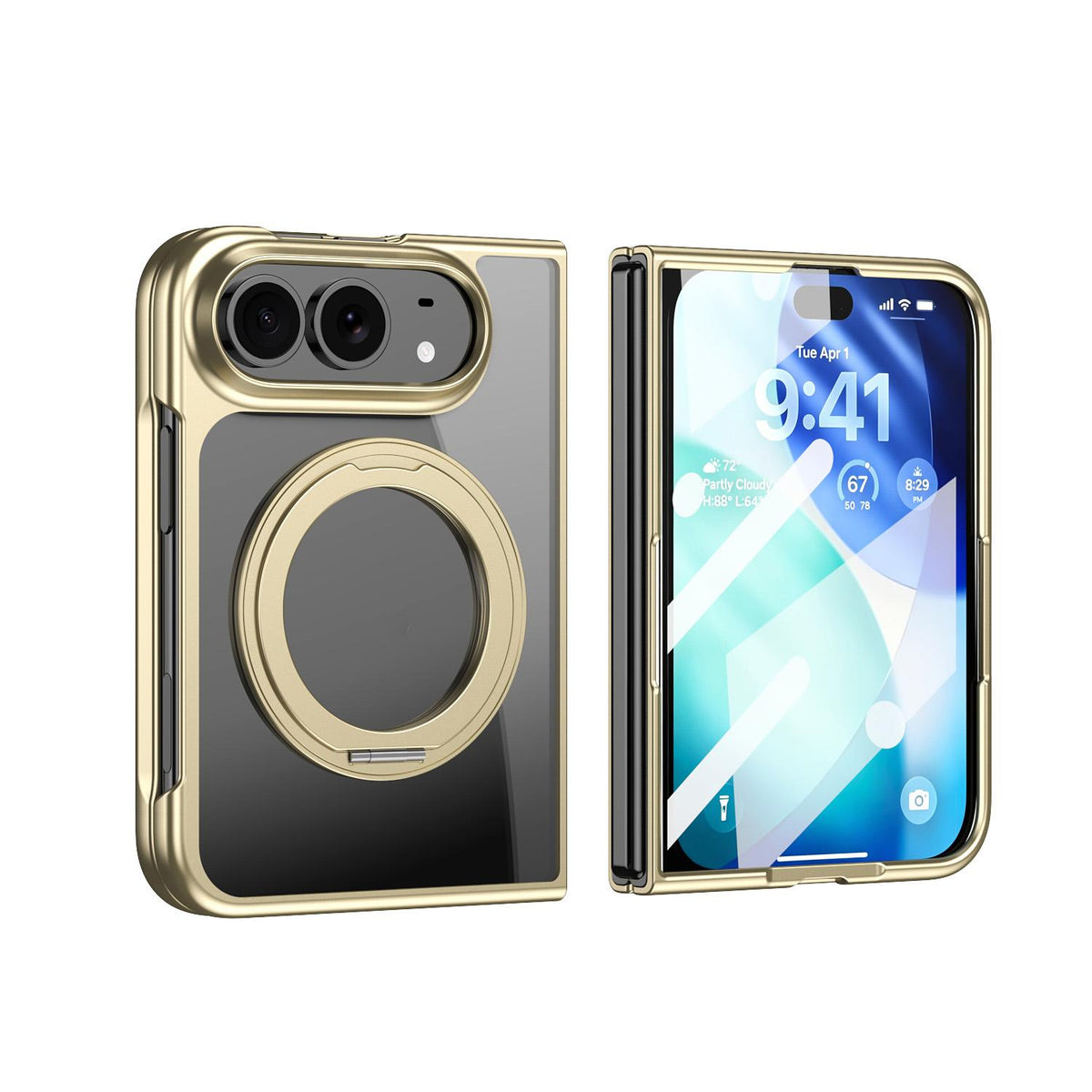 For iPhone Duo Clear Plated Magnetic Ring Holder Integrated Film Phone Case - Gold - EDA010136201A