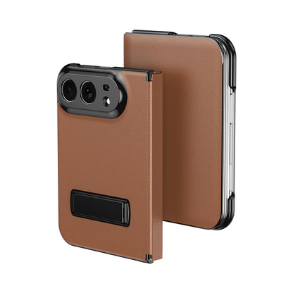 For iPhone Duo Flip Cover Folding Holder Vegan Leather Protective Phone Case - Brown - EDA010136401A