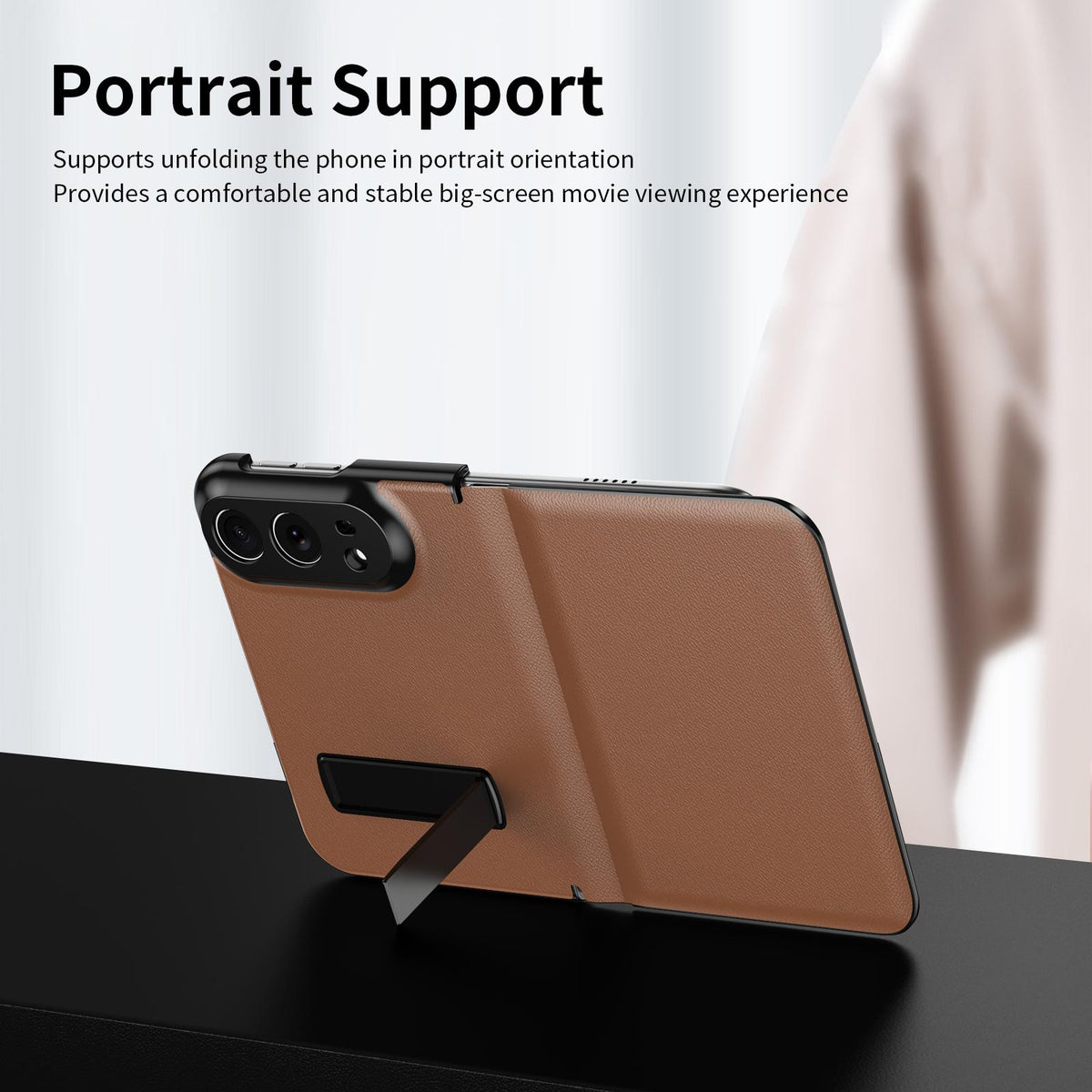 For iPhone Duo Flip Cover Folding Holder Vegan Leather Protective Phone Case - Brown - EDA010136401A