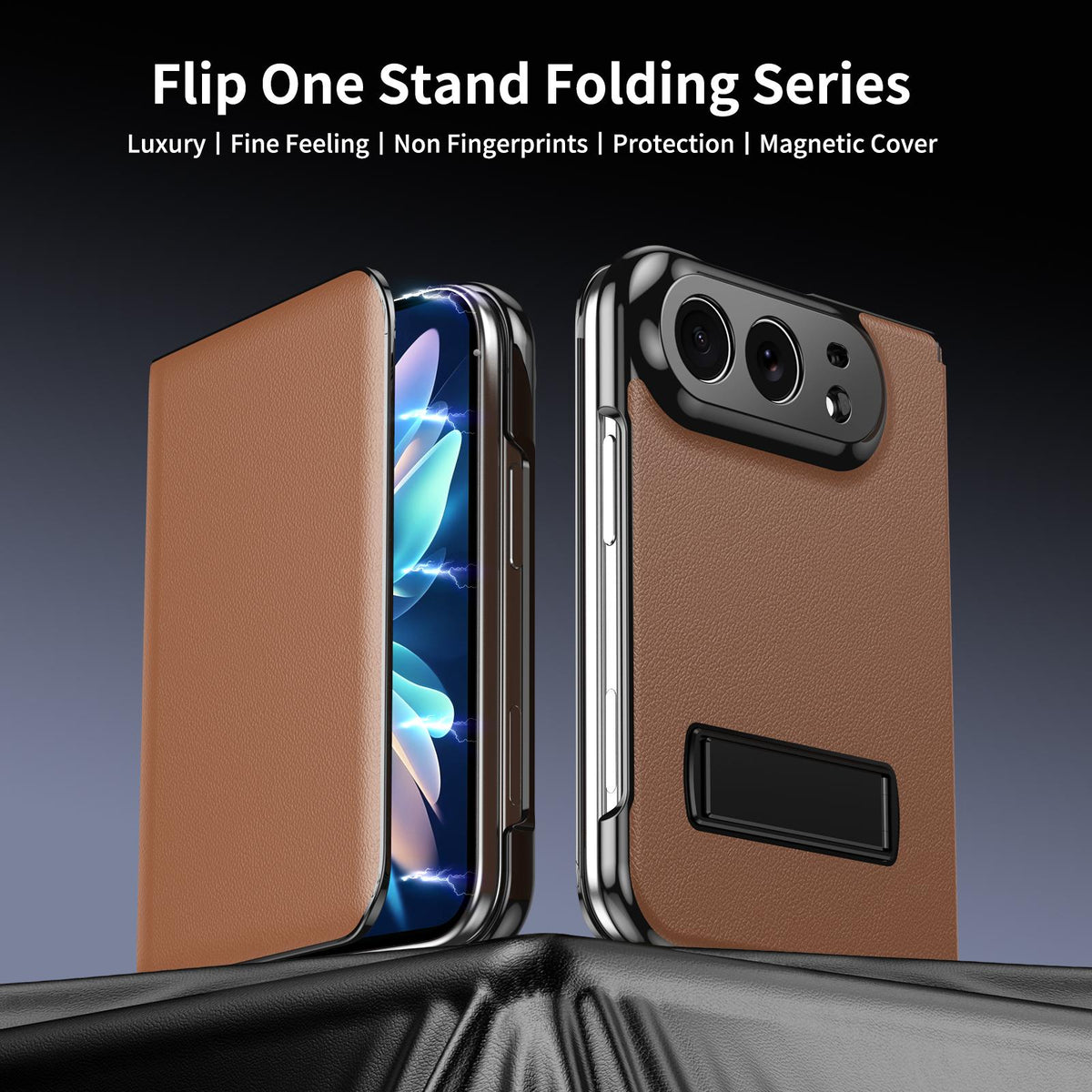 For iPhone Duo Flip Cover Folding Holder Vegan Leather Protective Phone Case - Brown - EDA010136401A