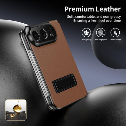 For iPhone Duo Flip Cover Folding Holder Vegan Leather Protective Phone Case - Brown - EDA010136401A