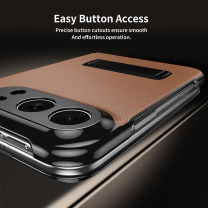 For iPhone Duo Flip Cover Folding Holder Vegan Leather Protective Phone Case - Brown - EDA010136401A