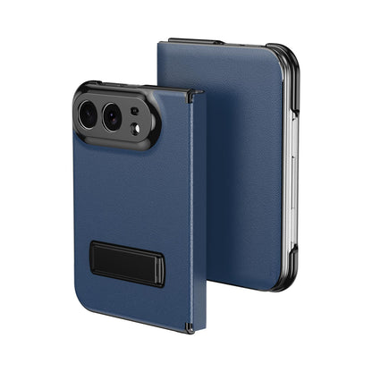 For iPhone Duo Flip Cover Folding Holder Vegan Leather Protective Phone Case - Navy Blue - EDA010136401B