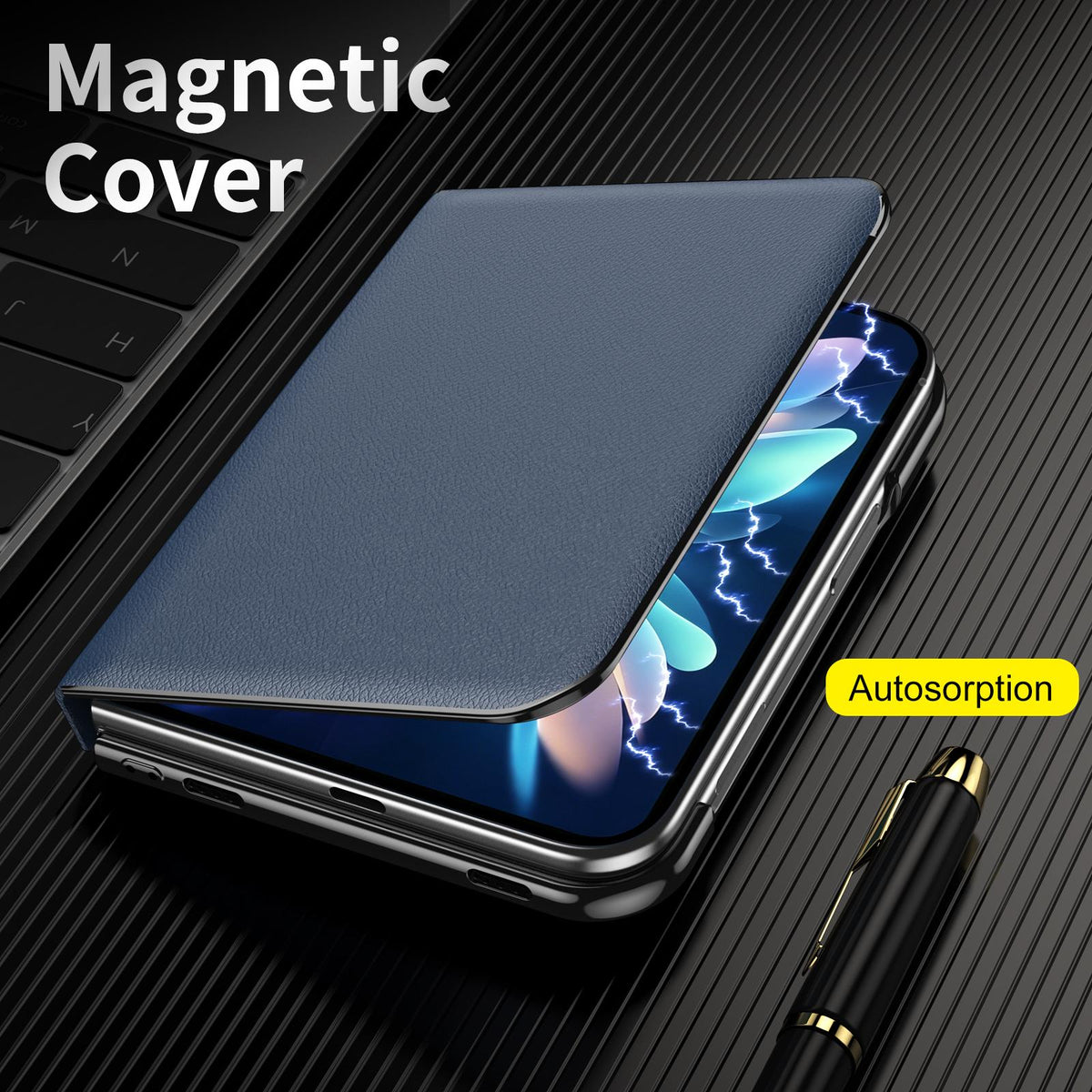 For iPhone Duo Flip Cover Folding Holder Vegan Leather Protective Phone Case - Navy Blue - EDA010136401B