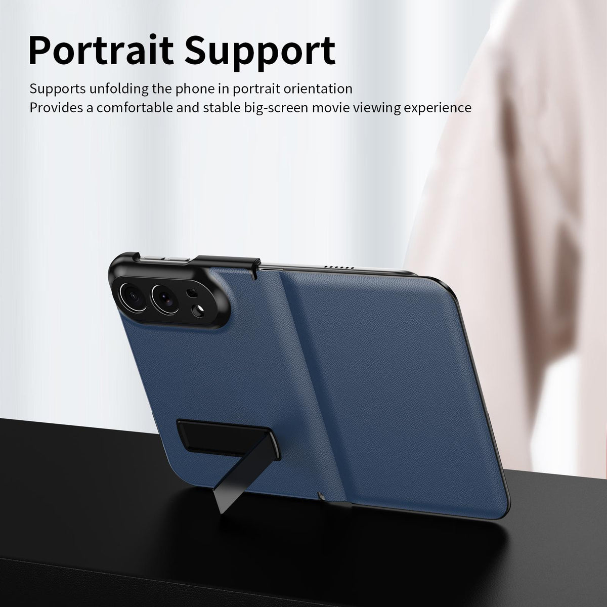 For iPhone Duo Flip Cover Folding Holder Vegan Leather Protective Phone Case - Navy Blue - EDA010136401B