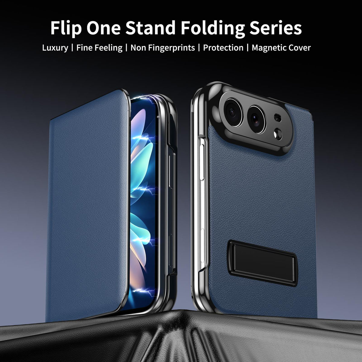 For iPhone Duo Flip Cover Folding Holder Vegan Leather Protective Phone Case - Navy Blue - EDA010136401B