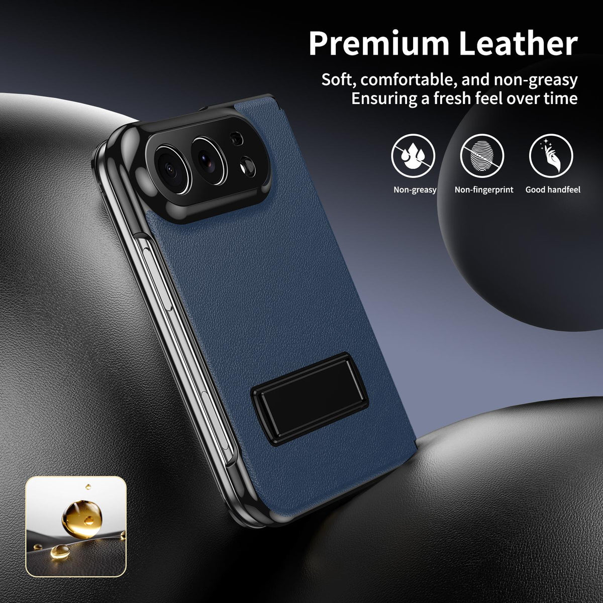 For iPhone Duo Flip Cover Folding Holder Vegan Leather Protective Phone Case - Navy Blue - EDA010136401B