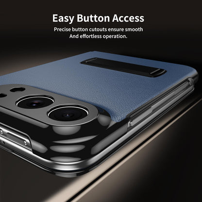 For iPhone Duo Flip Cover Folding Holder Vegan Leather Protective Phone Case - Navy Blue - EDA010136401B