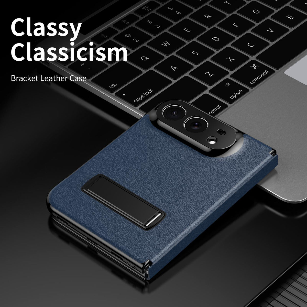 For iPhone Duo Flip Cover Folding Holder Vegan Leather Protective Phone Case - Navy Blue - EDA010136401B