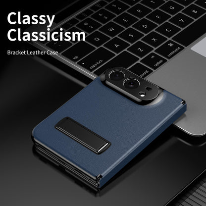 For iPhone Duo Flip Cover Folding Holder Vegan Leather Protective Phone Case - Navy Blue - EDA010136401B