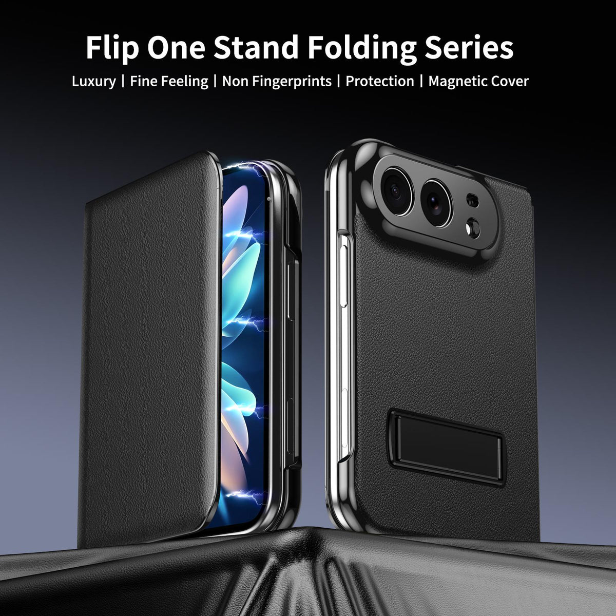 For iPhone Duo Flip Cover Folding Holder Vegan Leather Protective Phone Case - Black - EDA010136401C