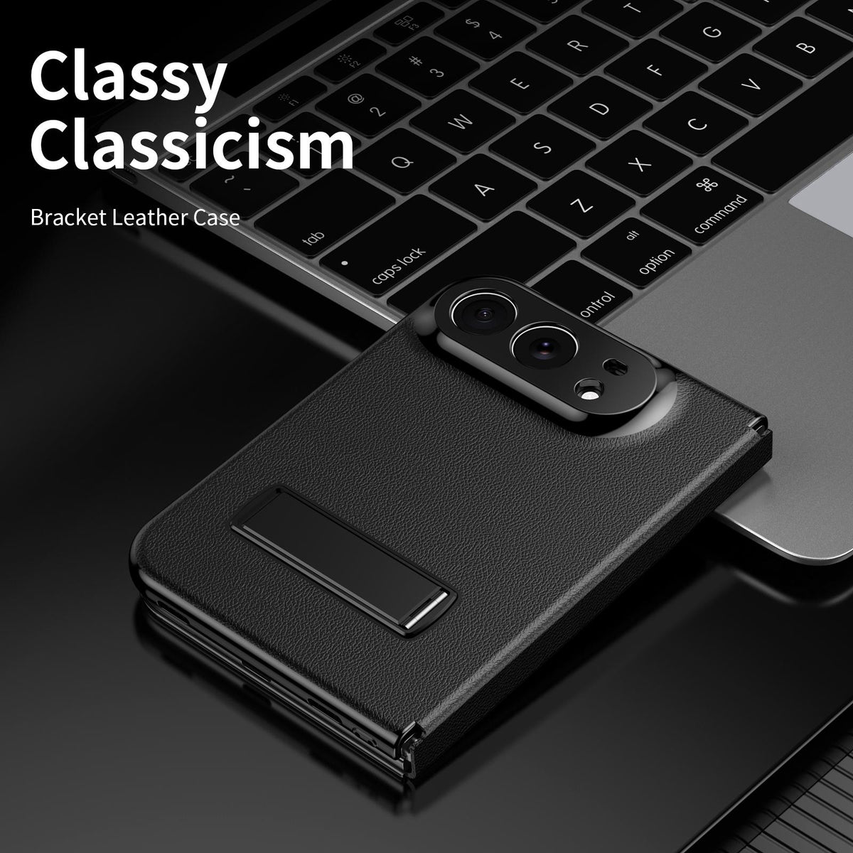 For iPhone Duo Flip Cover Folding Holder Vegan Leather Protective Phone Case - Black - EDA010136401C