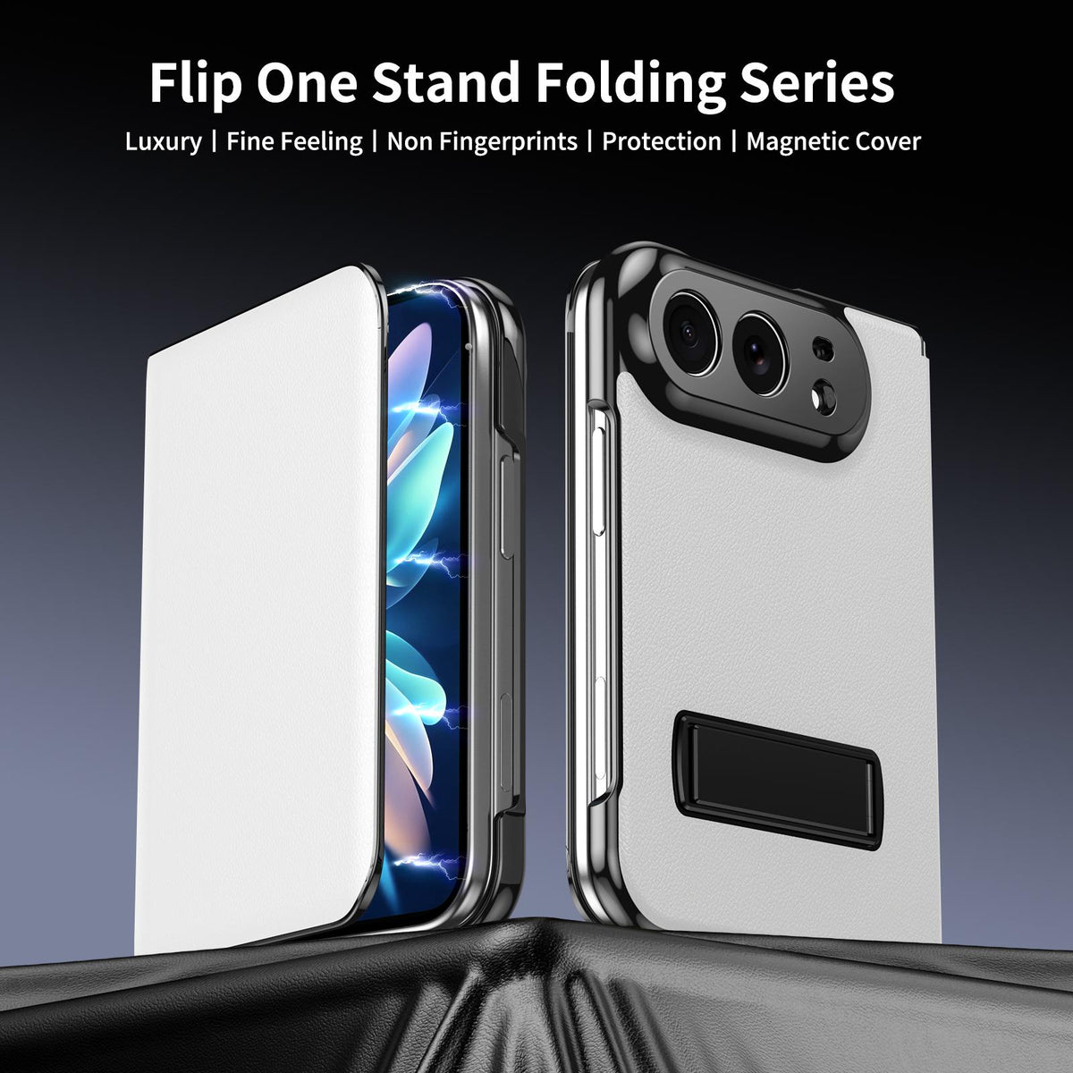 For iPhone Duo Flip Cover Folding Holder Vegan Leather Protective Phone Case - White - EDA010136401E