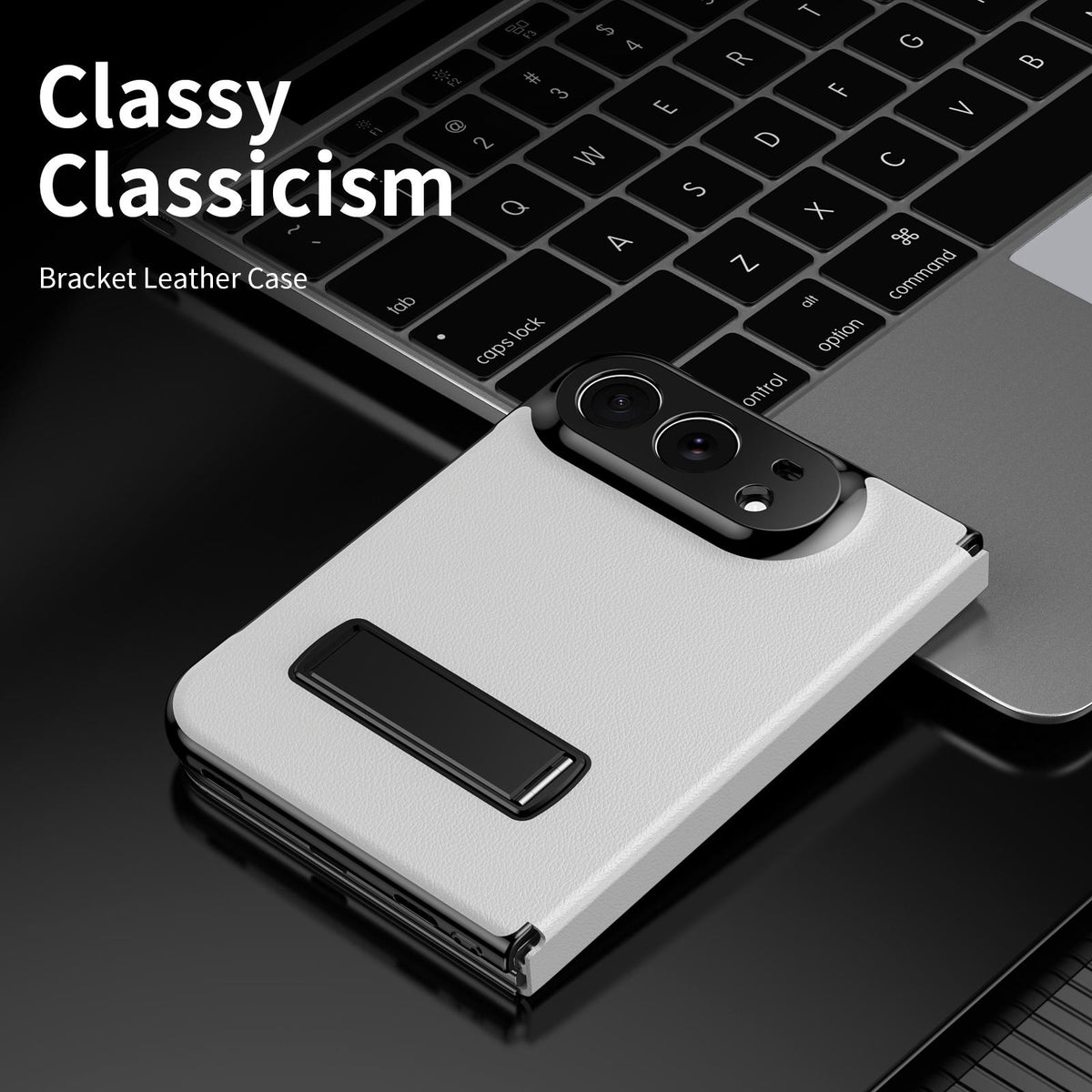 For iPhone Duo Flip Cover Folding Holder Vegan Leather Protective Phone Case - White - EDA010136401E