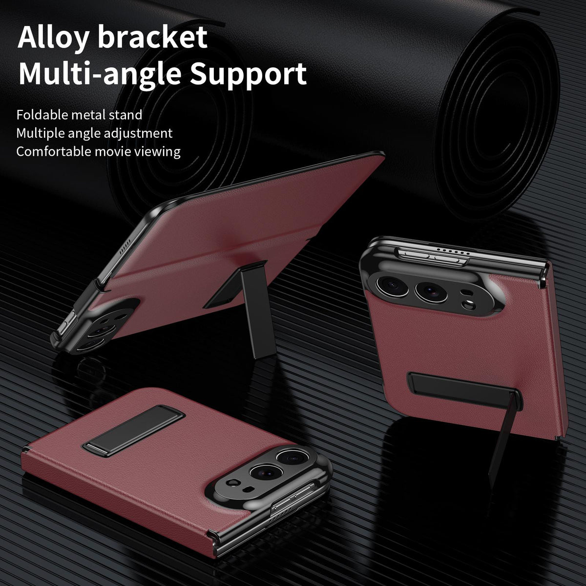 For iPhone Duo Flip Cover Folding Holder Vegan Leather Protective Phone Case - Burgundy - EDA010136401F