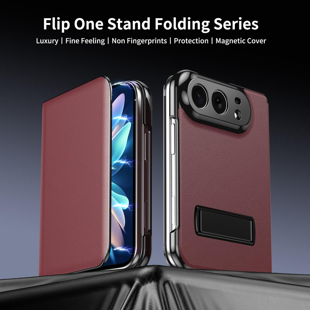 For iPhone Duo Flip Cover Folding Holder Vegan Leather Protective Phone Case - Burgundy - EDA010136401F
