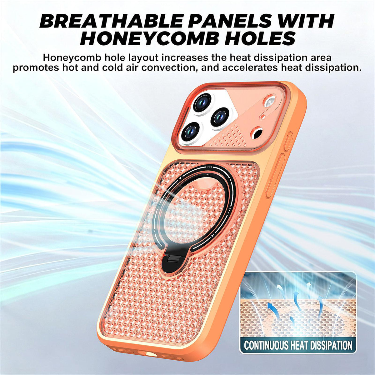 For iPhone 17 Pro Max Colored Cooling 360 Degree Rotation Ring Holder Magnetic Phone Case - Orange - EDA010144901A