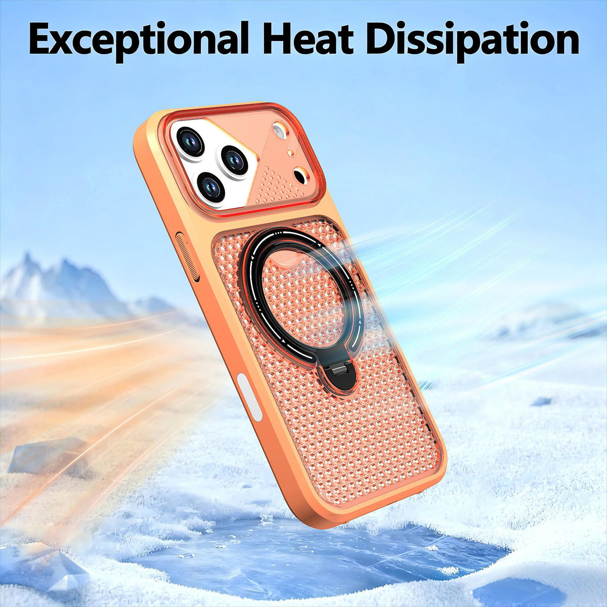 For iPhone 17 Pro Max Colored Cooling 360 Degree Rotation Ring Holder Magnetic Phone Case - Orange - EDA010144901A