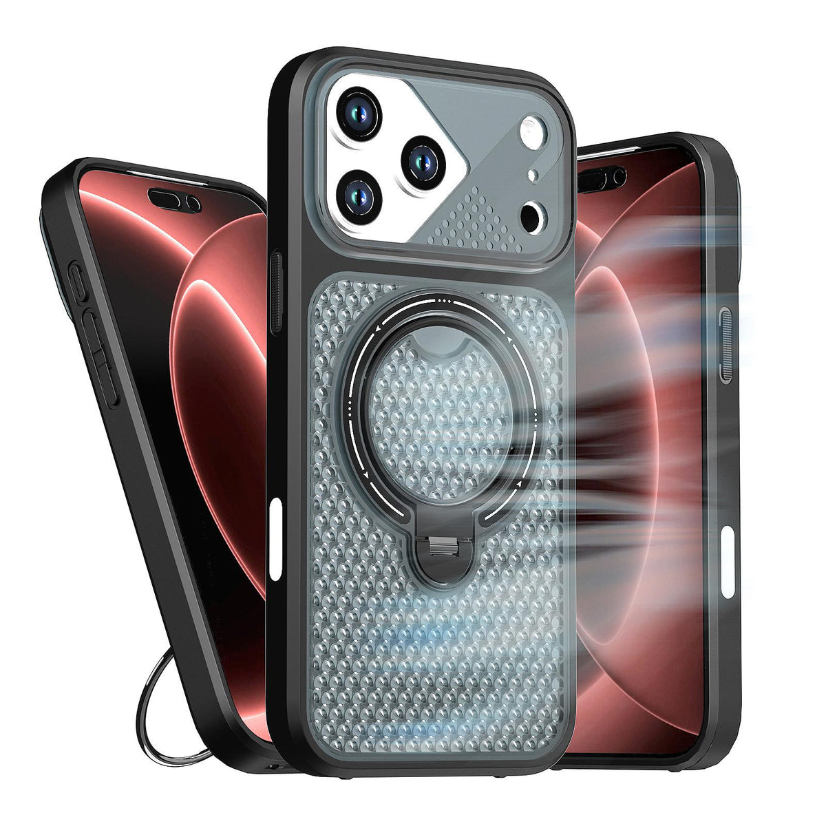 For iPhone 17 Pro Max Colored Cooling 360 Degree Rotation Ring Holder Magnetic Phone Case - Black - EDA010144901B