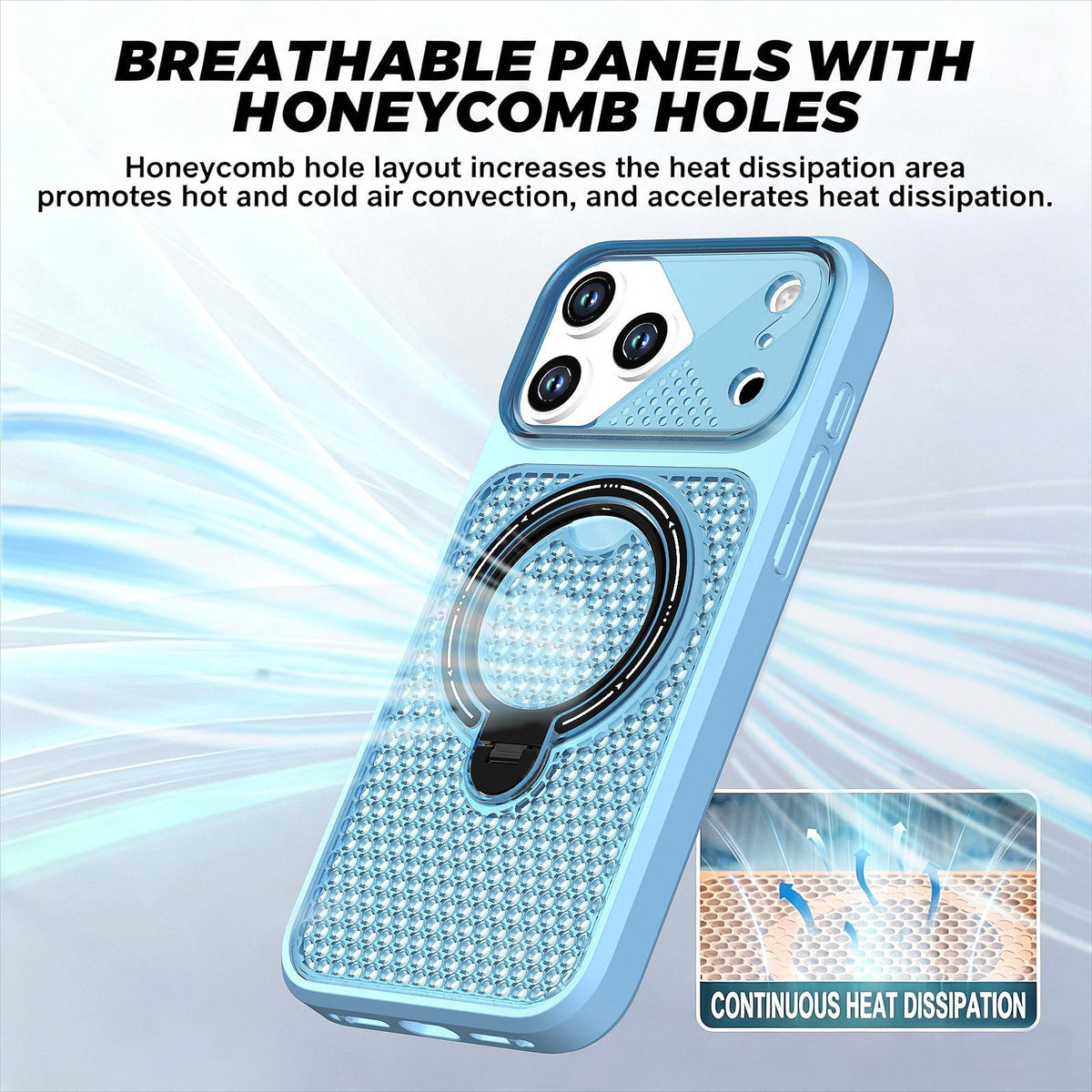For iPhone 17 Pro Max Colored Cooling 360 Degree Rotation Ring Holder Magnetic Phone Case - Blue - EDA010144901D