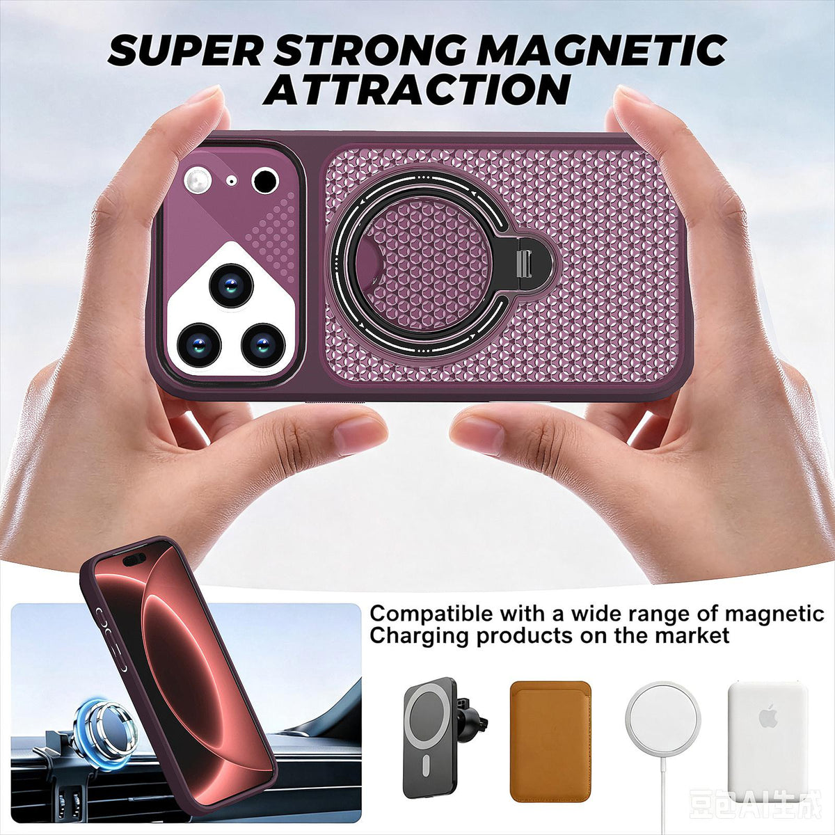 For iPhone 17 Pro Max Colored Cooling 360 Degree Rotation Ring Holder Magnetic Phone Case - Red - EDA010144901E