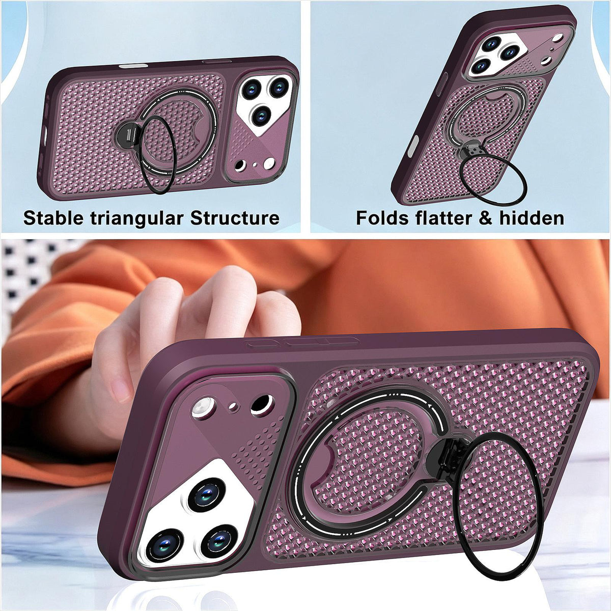 For iPhone 16 Plus Colored Cooling 360 Degree Rotation Ring Holder Magnetic Phone Case - Red - EDA010144907E