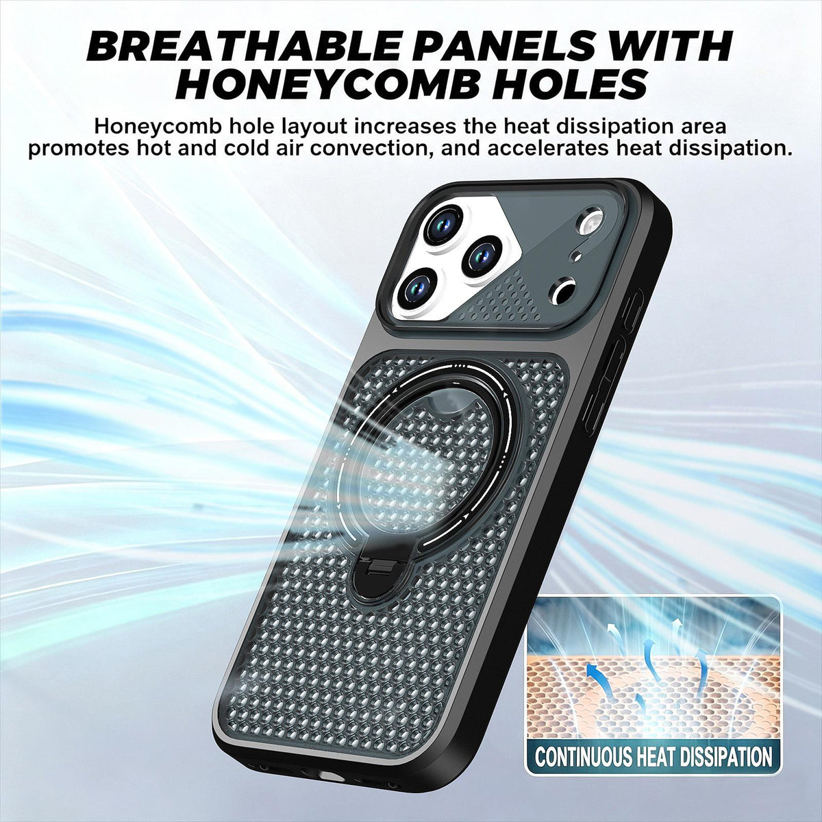 For iPhone 15 Pro Colored Cooling 360 Degree Rotation Ring Holder Magnetic Phone Case - Black - EDA010144910B