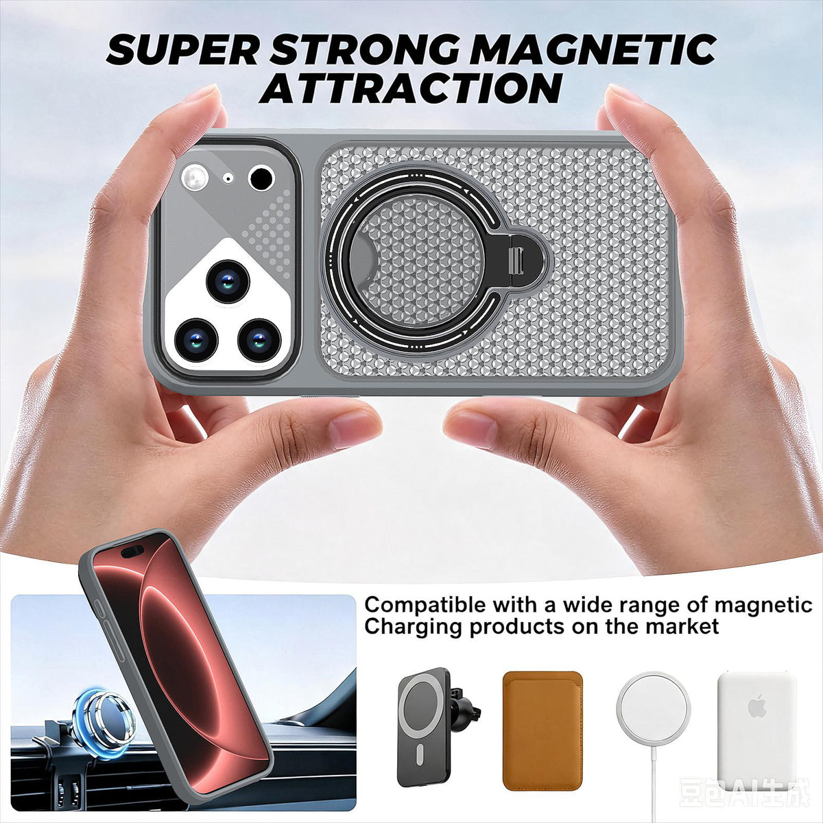For iPhone 15 Pro Colored Cooling 360 Degree Rotation Ring Holder Magnetic Phone Case - Grey - EDA010144910C