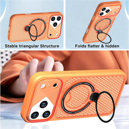 For iPhone 15 Plus Colored Cooling 360 Degree Rotation Ring Holder Magnetic Phone Case - Orange - EDA010144911A
