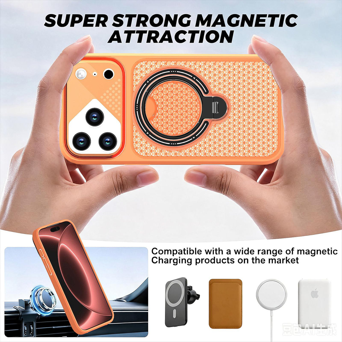For iPhone 15 Plus Colored Cooling 360 Degree Rotation Ring Holder Magnetic Phone Case - Orange - EDA010144911A