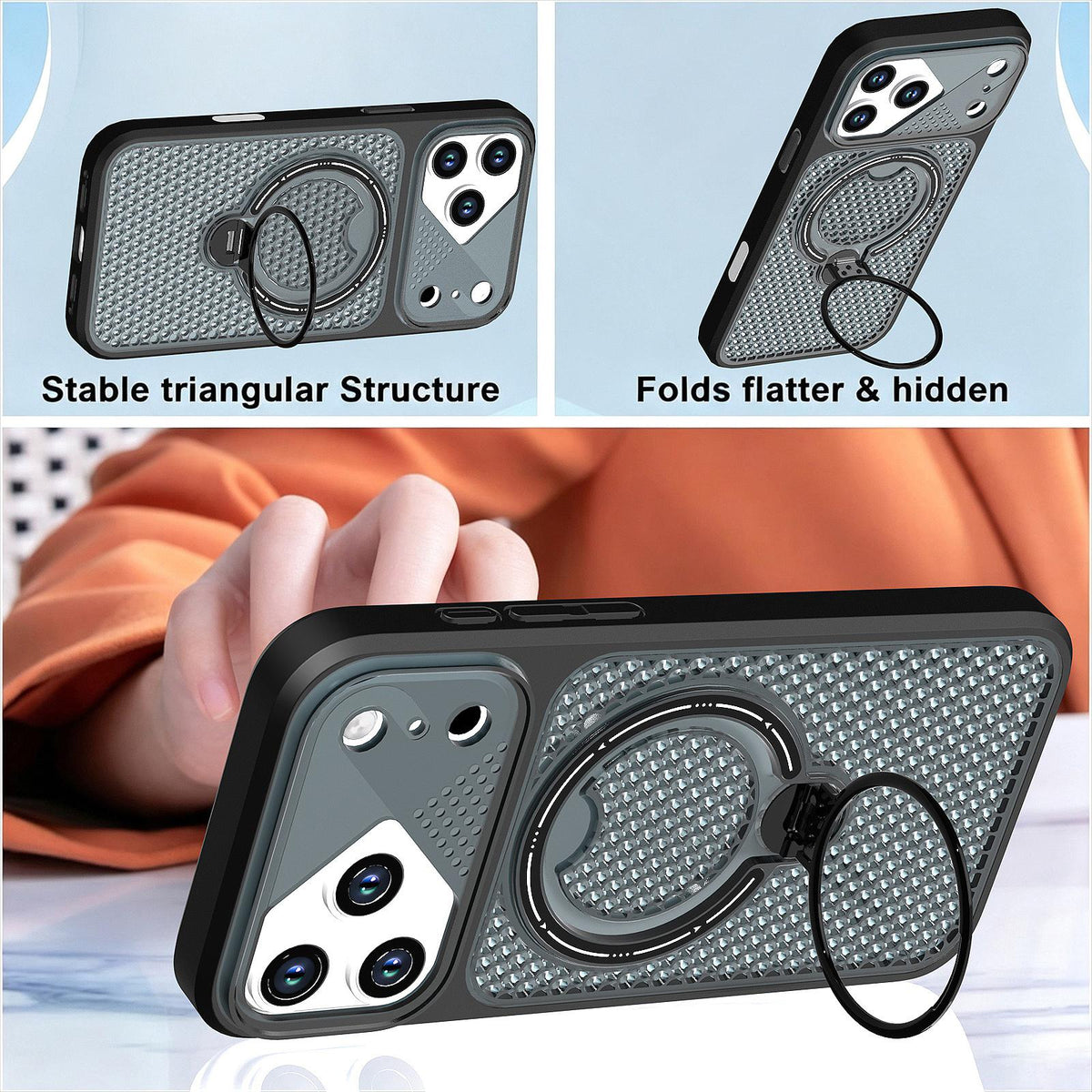 For iPhone 15 Plus Colored Cooling 360 Degree Rotation Ring Holder Magnetic Phone Case - Black - EDA010144911B