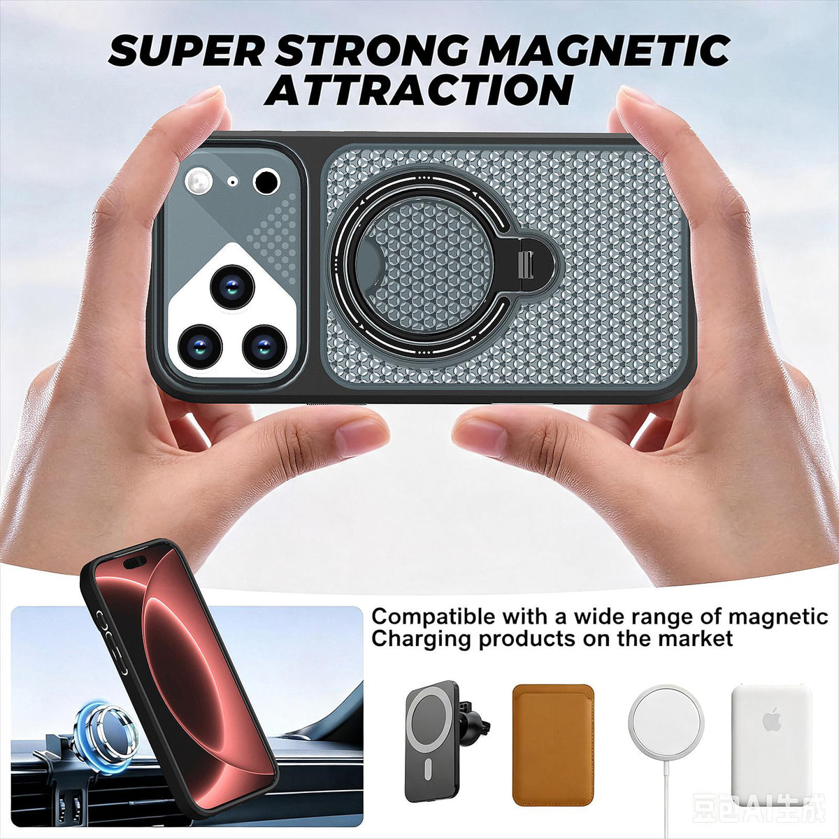 For iPhone 15 Plus Colored Cooling 360 Degree Rotation Ring Holder Magnetic Phone Case - Black - EDA010144911B