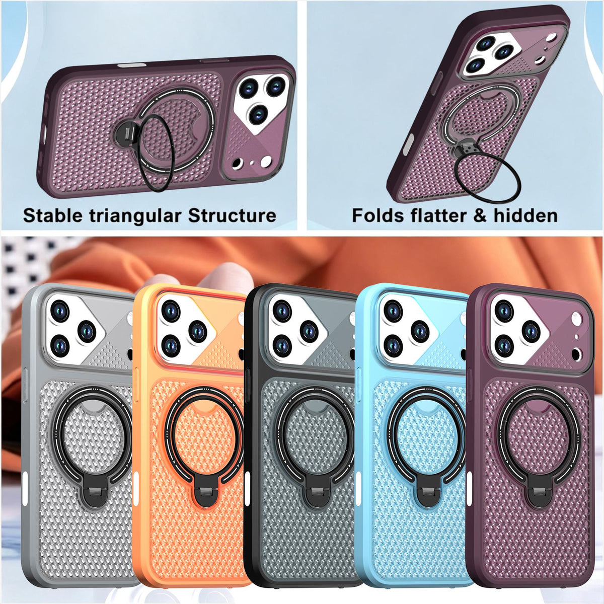 For iPhone 16 Plus Colored Cooling 360 Degree Rotation Ring Holder Magnetic Phone Case - Orange - EDA010144907A