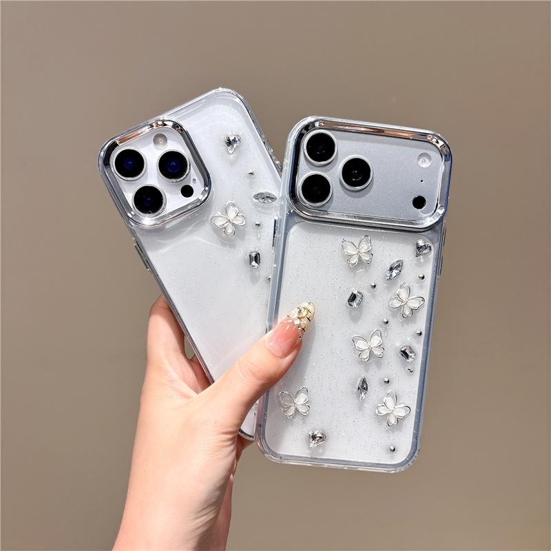 For iPhone 15 Pro Metal Lens Frame Rhinestone Butterfly Design Phone Case - Default - EDA010162508