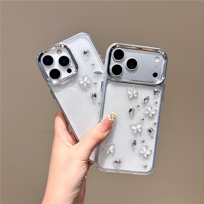 For iPhone 15 Pro Metal Lens Frame Rhinestone Butterfly Design Phone Case - Default - EDA010162508