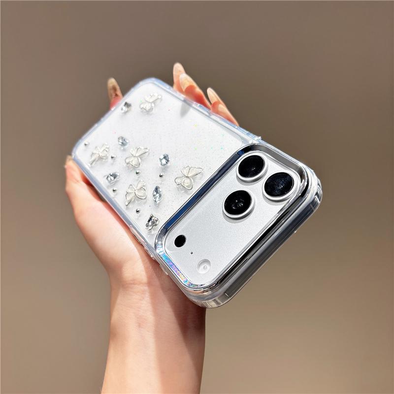 For iPhone 15 Pro Metal Lens Frame Rhinestone Butterfly Design Phone Case - Default - EDA010162508