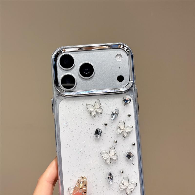 For iPhone 15 Pro Metal Lens Frame Rhinestone Butterfly Design Phone Case - Default - EDA010162508